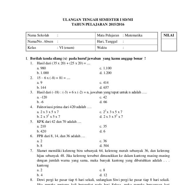 Soal Matematika Kelas 6 2020 - Piffle me